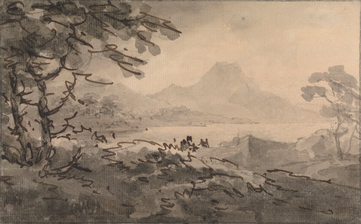 En innsjø med fjell som reiser seg utover av Rev. William Gilpin