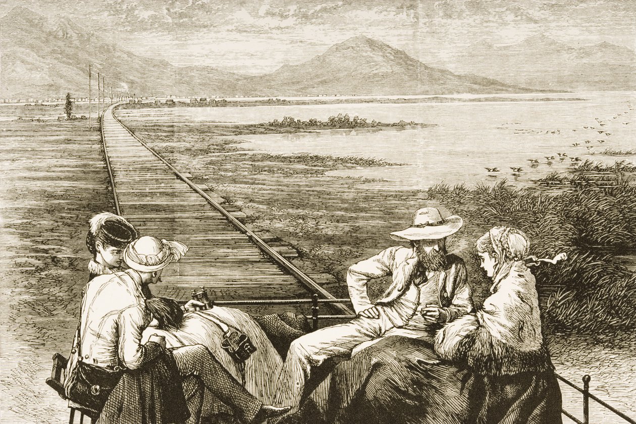 En inspeksjonsbil på Pacific Railway nærmer seg Great Salt Lake, ca. 1880 av Reverend Samuel Manning