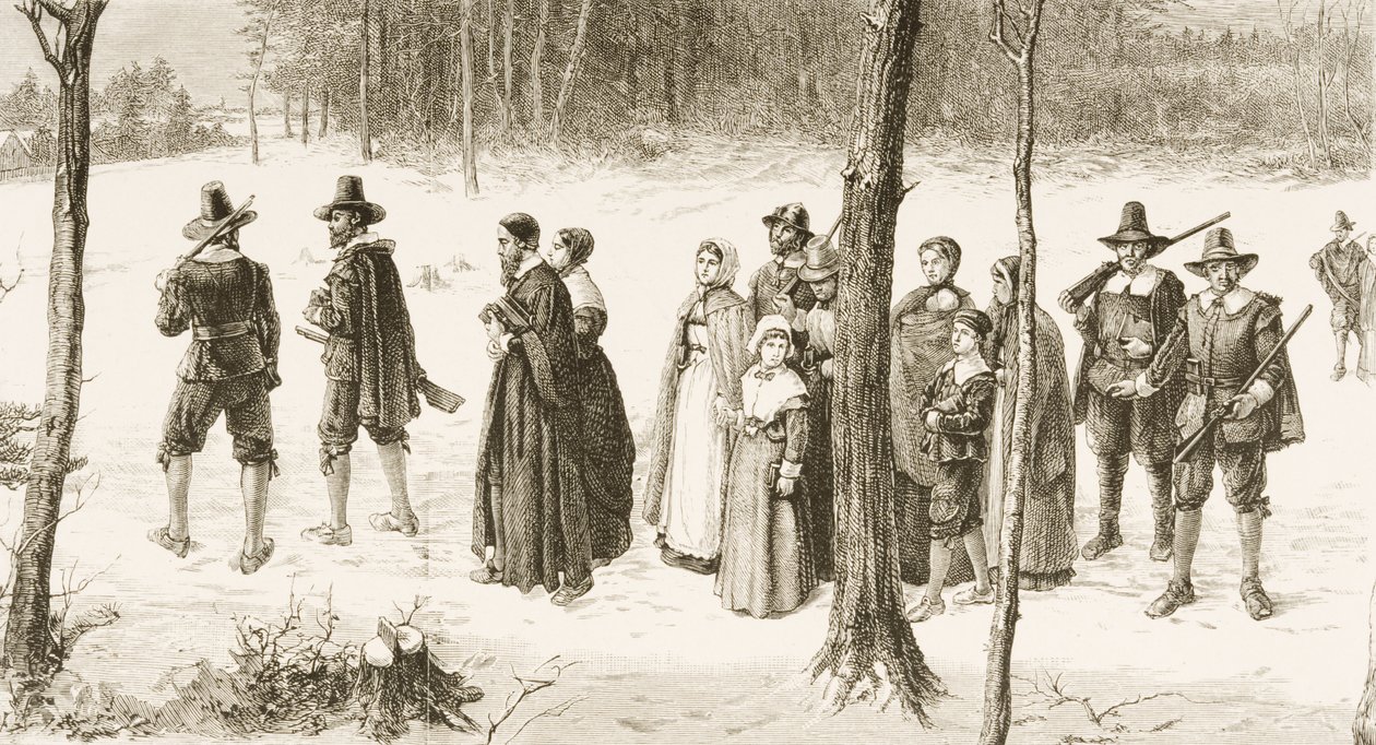 Pilegrimsfedre går til kirken, ca. 1880 av Reverend Samuel Manning