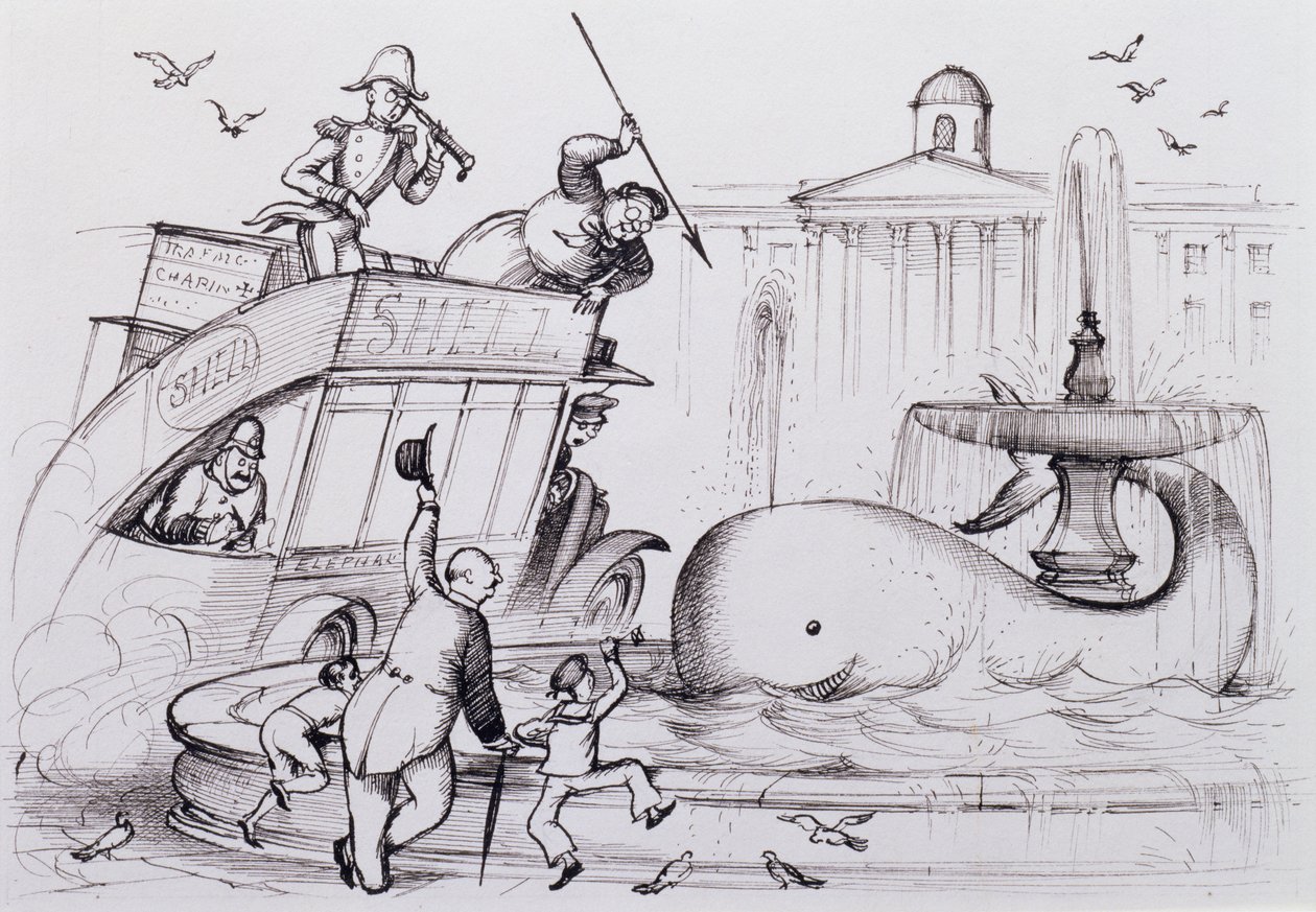 A Whale in Trafalgar Square, ca. 1930 (penn og blekk) av Rex Whistler