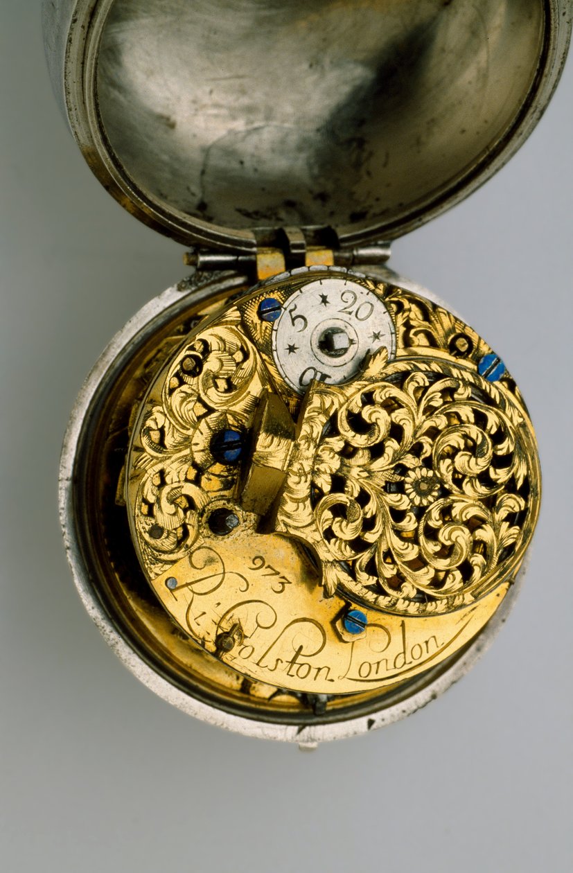 Interiør i en kantklokke med par, ca. 1685 (sølv og messing) av Richard Colston
