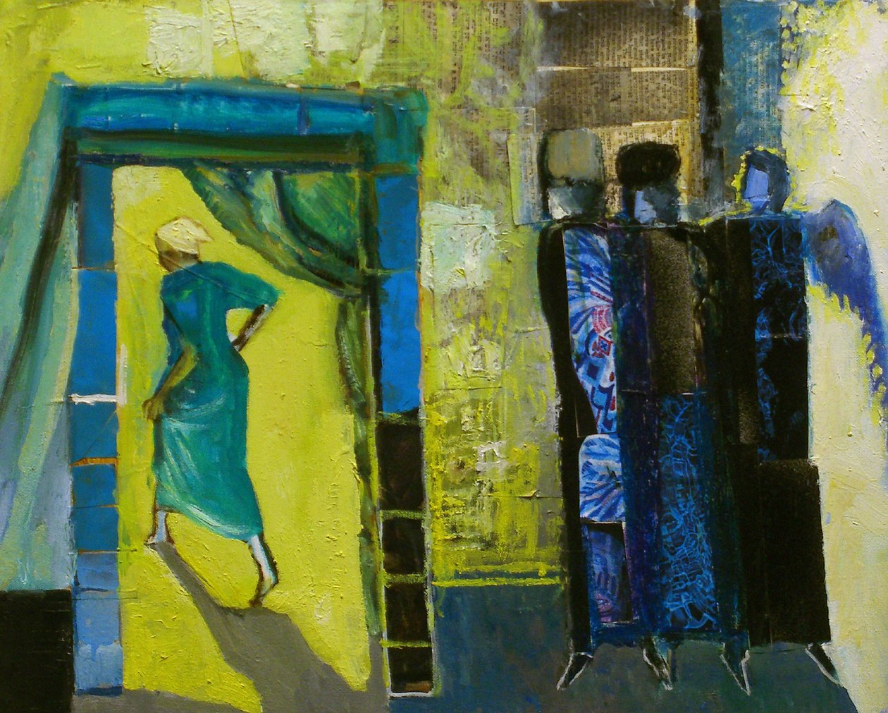 Sarah and the Three Angels, 1998 (olje og collage på lerret) av Richard Contemporary Artist Mcbee