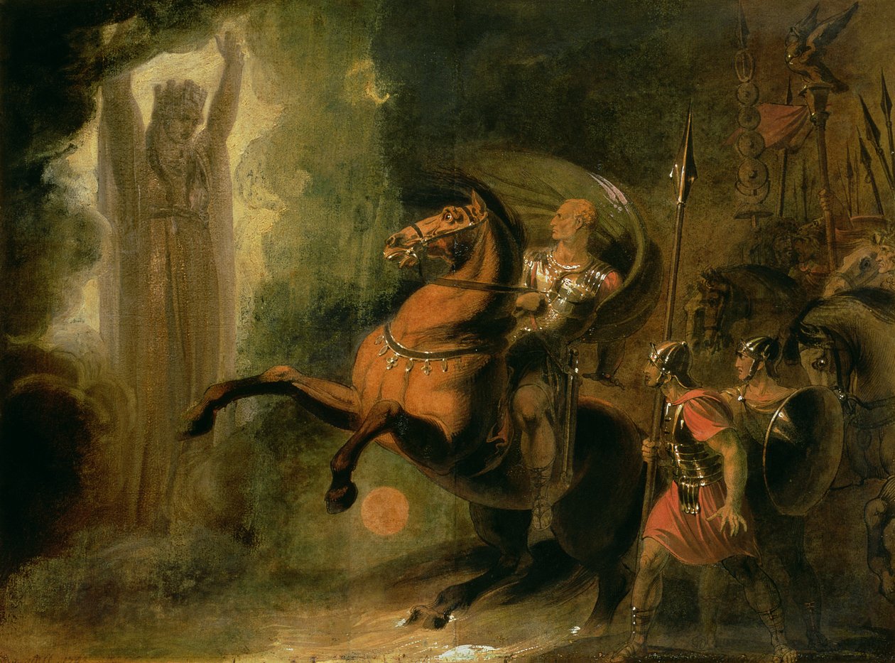 Gudinnen Roma viser seg for Julius Cæsar ved Rubicon-banken, ca. 1793 (wc og olje på papir) av Richard Westall