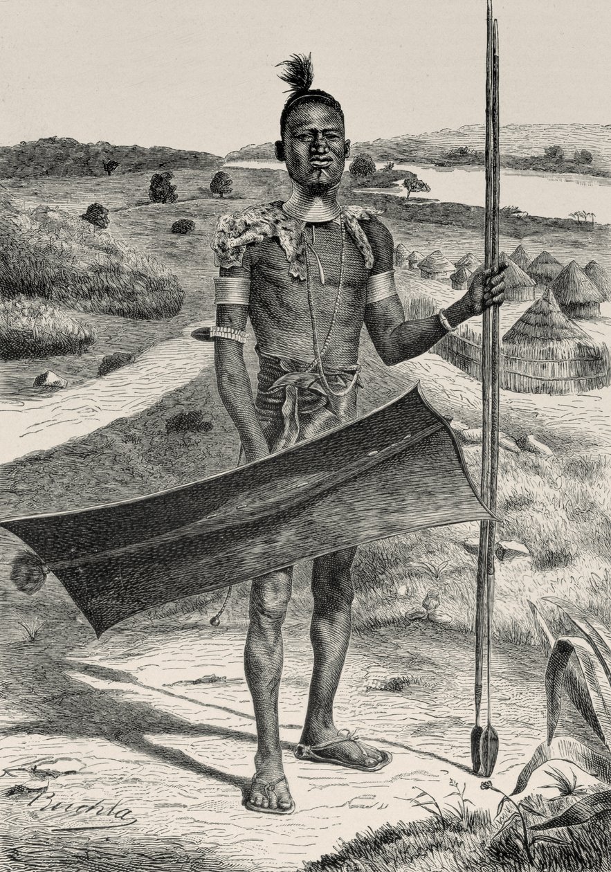 Shuli Warrior Fullt utstyrt: Landsby i bakgrunnen, fra The History of Mankind av Prof. Friedrich Ratzel, pub. i 1904 av Richard Buchta