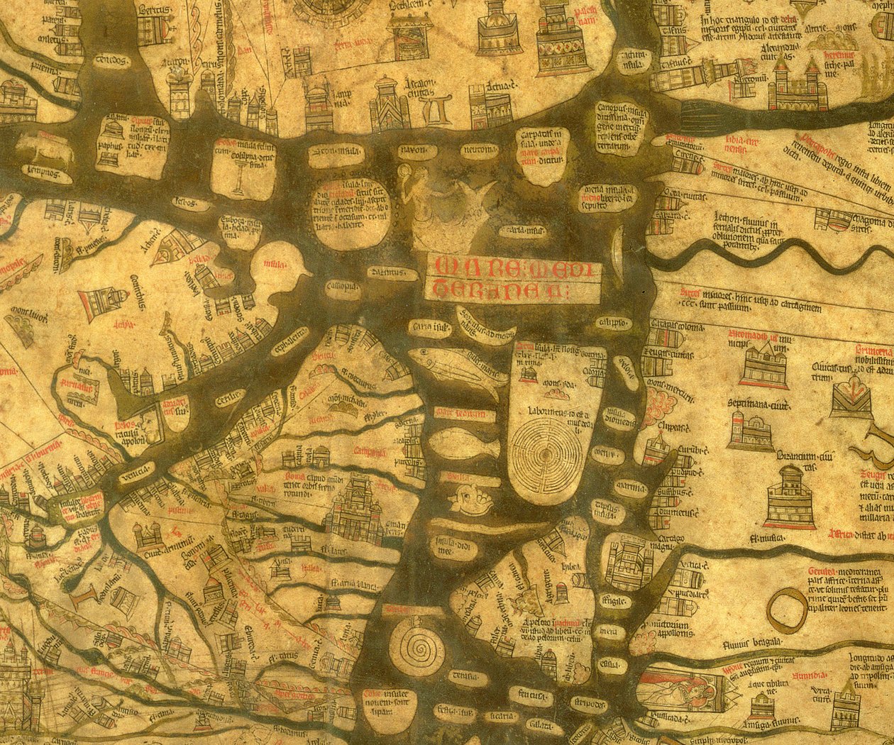 Detalj av Middelhavet fra Mappa Mundi, ca. 1290 av Richard of Haldingham fl.c.1260 1305 Richard of Haldingham fl.c.1260 1305