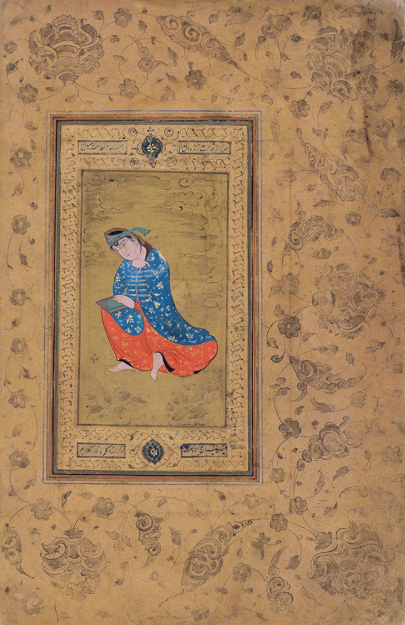 En prinsesse i blått og oransje, ca. 1575 (ugjennomsiktig wc på papir) av Riza i Abbasi