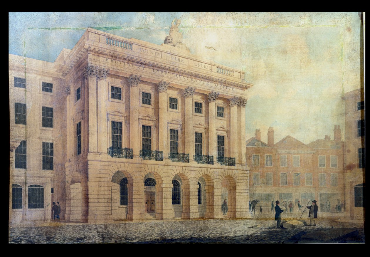 County Fire Office på Regent Street, London, 1819 (penn og blekk og wc på papir) av Robert Abraham