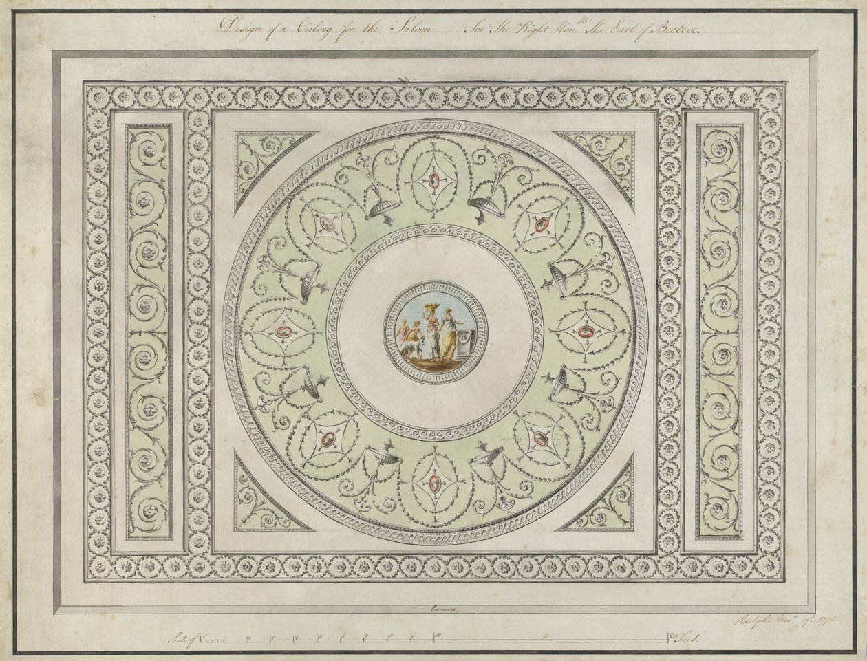 Design for taket til salongen, Headfort House, 1772 (penn, svart & brunt blekk & wc på lagt papir) av Robert Adam