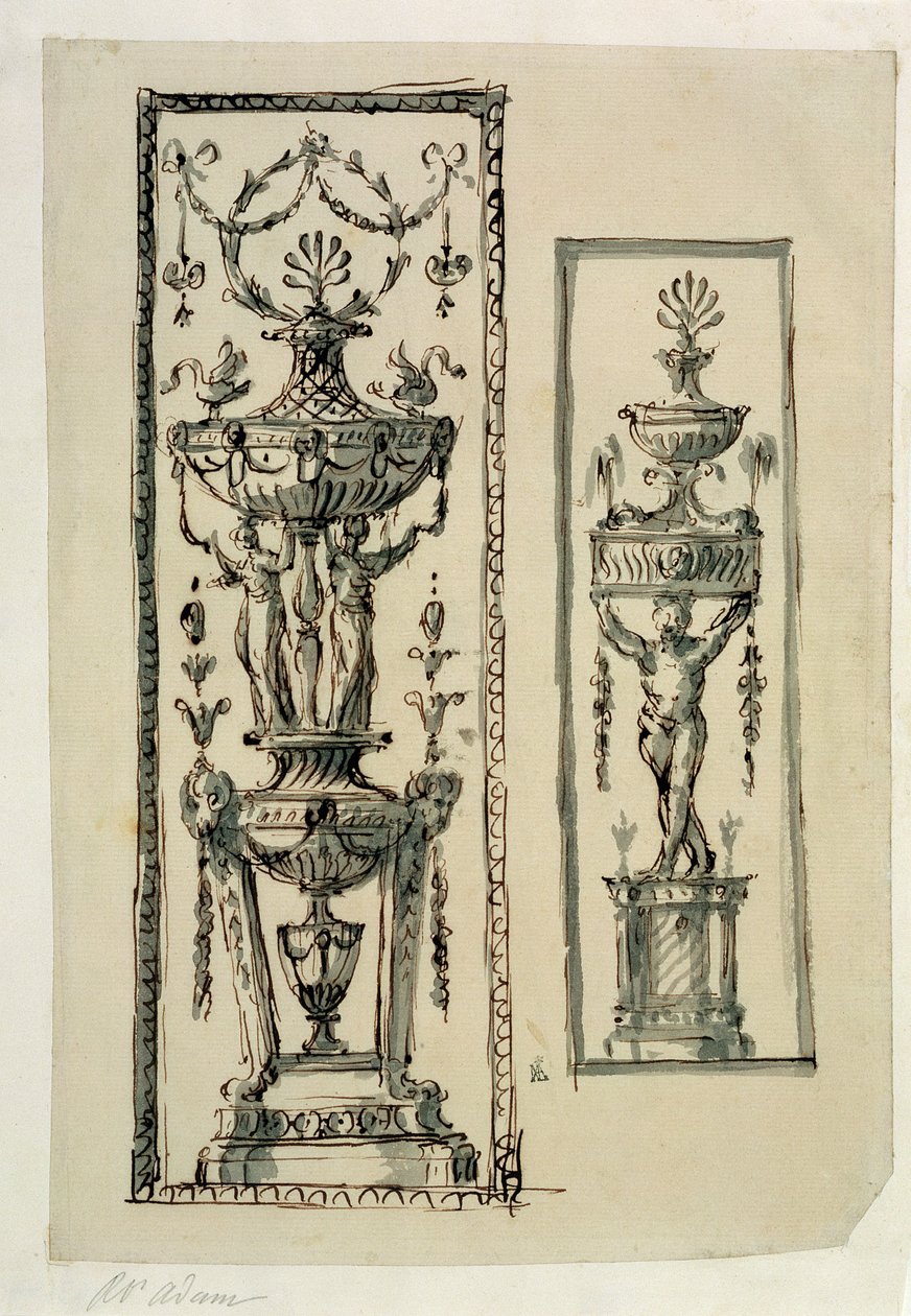 Skisserte design for utsmykkede paneler (penn og blekk og vask) av Robert Adam