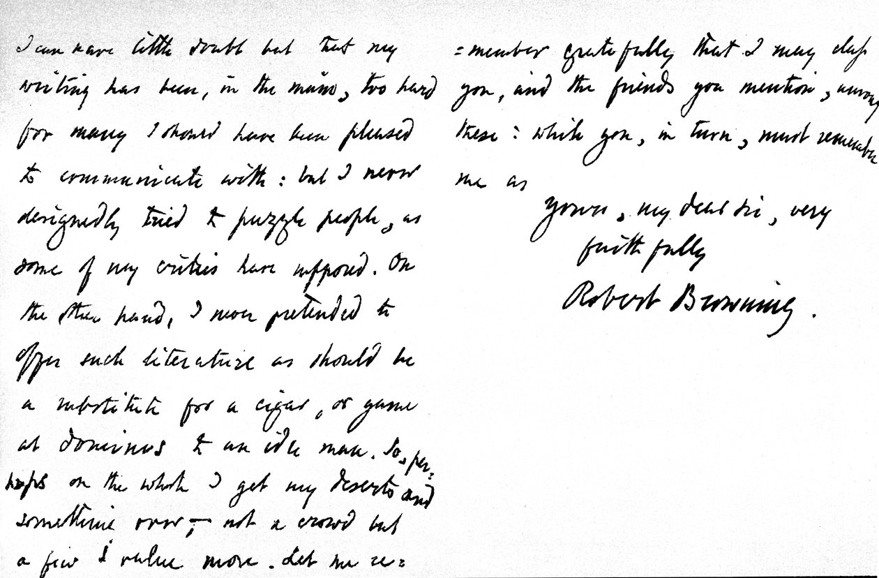 Brev til William G. Kingsland, angående den påståtte uklarheten i hans poesi og forfatterskap, skrevet på 19, Warwick Crescent, Upper Westbourne Terrace, London, 27. november 1868 av Robert Browning