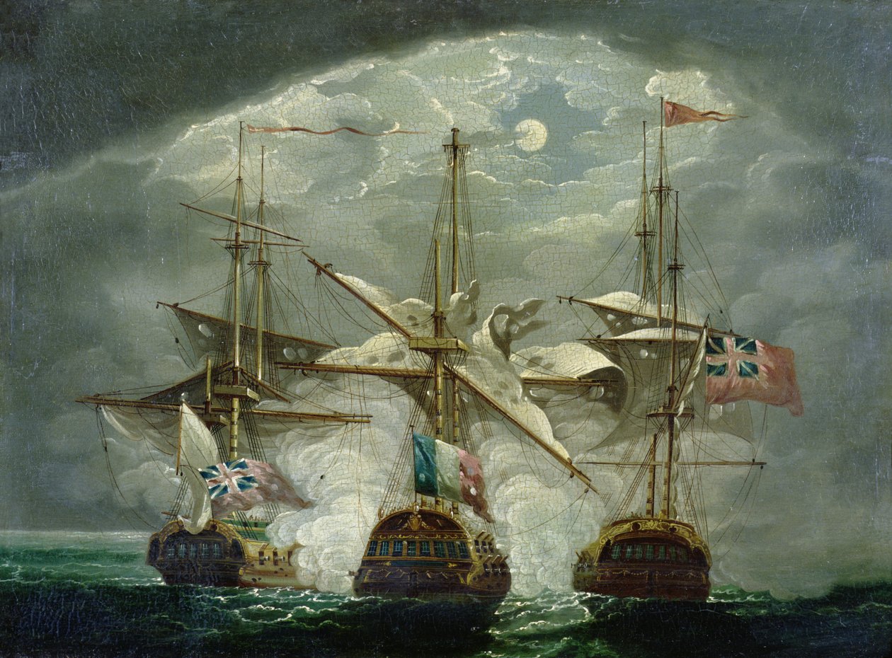En månebelyst kampscene (panel) av Robert Cleveley
