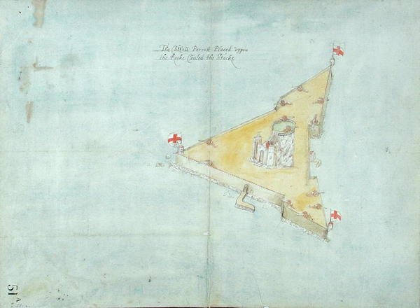 The Castell Perrott Placed Upon the Rock Called the Stack, ca. 1597-1601 (wc, blyant og penn og blekk på papir bakket med lin) av Robert Devereux