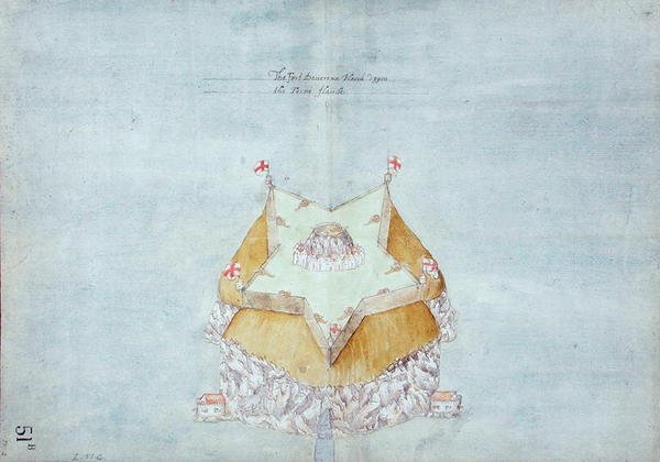 Fort Devereux plassert på Fern Island, ca. 1597-1601 (wc, blyant og penn og blekk på papir bakket med lin) av Robert Devereux