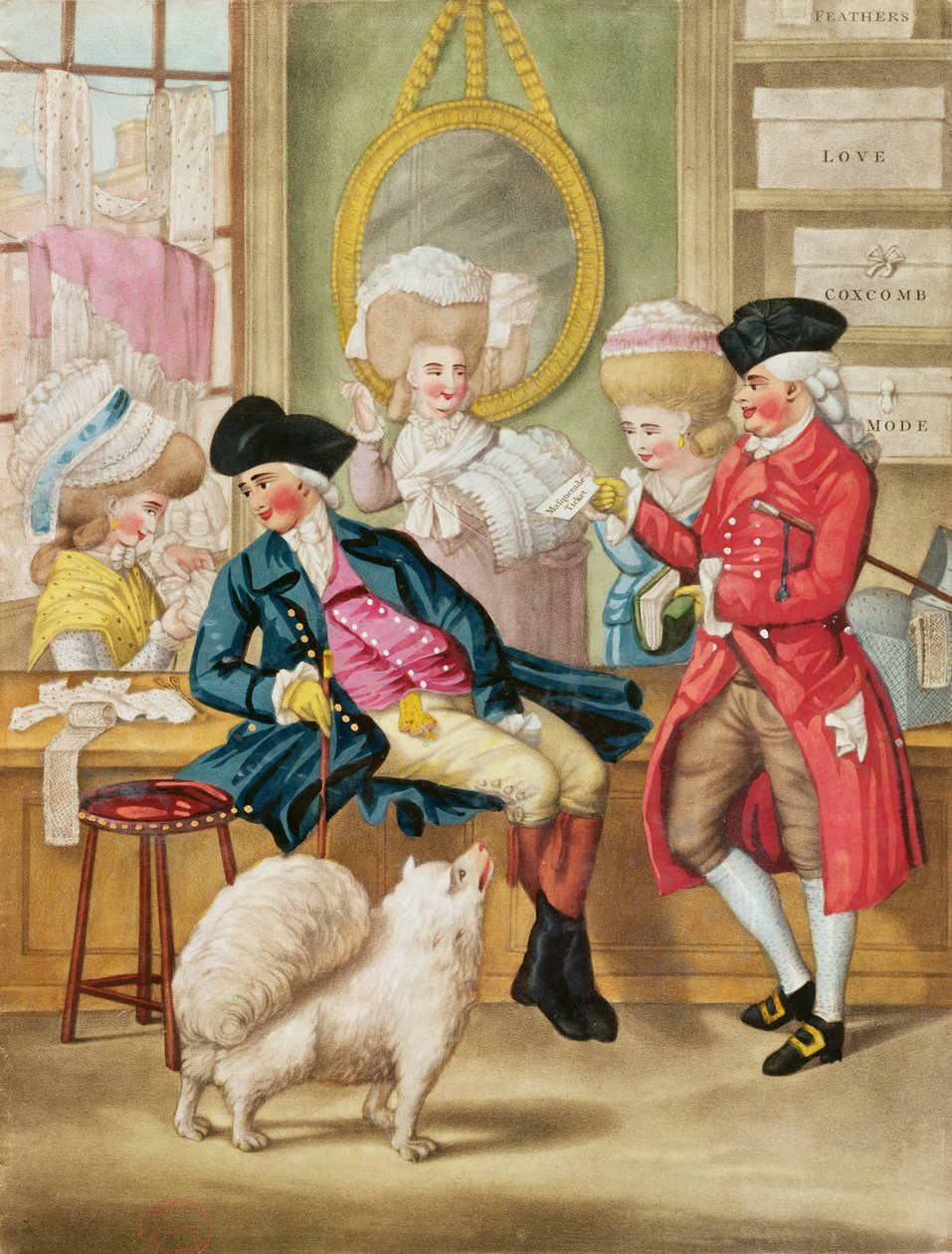 The Morning Ramble or the Milliners Shop, 1782 (håndfarget mezzotint) av Robert Dighton