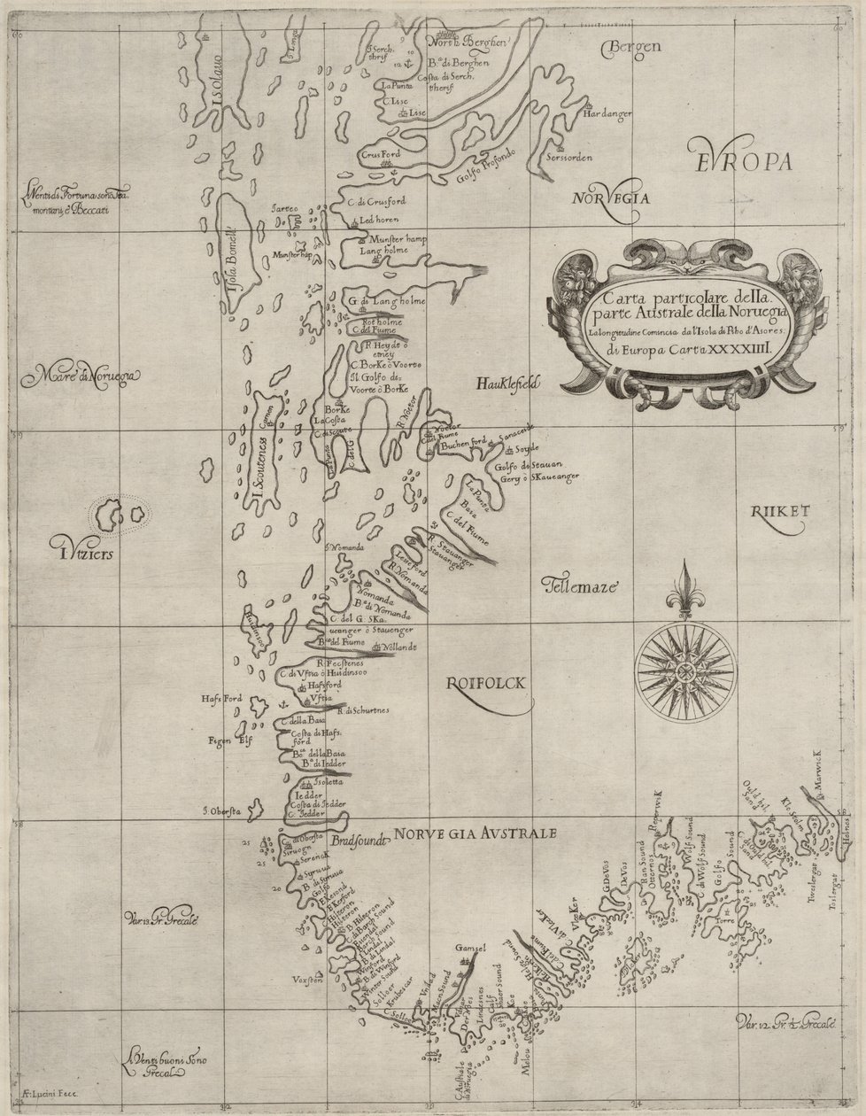 Kart fra Nasjonalbibliotekets kartsamling. Kartet er gitt ut i (ca 1647) og viser Sør-Norge, kysten, sjøkart av Robert Dudley