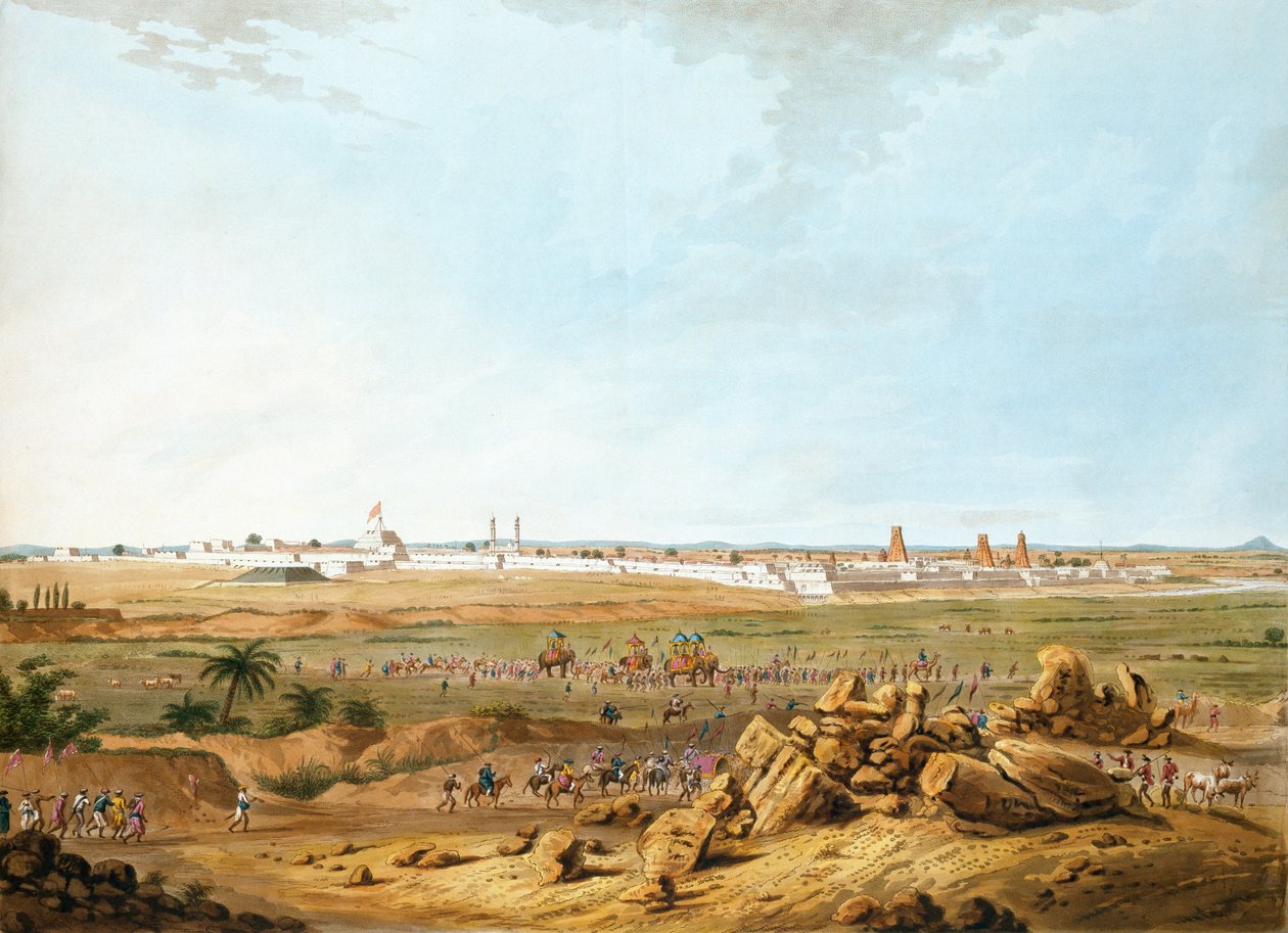 East View of Seringapatam 15. mai 1791, illustrasjon fra Twelve Views of Mysore, landet Tippoo Sultan gravert og fargelagt av J.W. Edy, utgitt 1804 (farget akvatint) av Robert H. Colebrooke