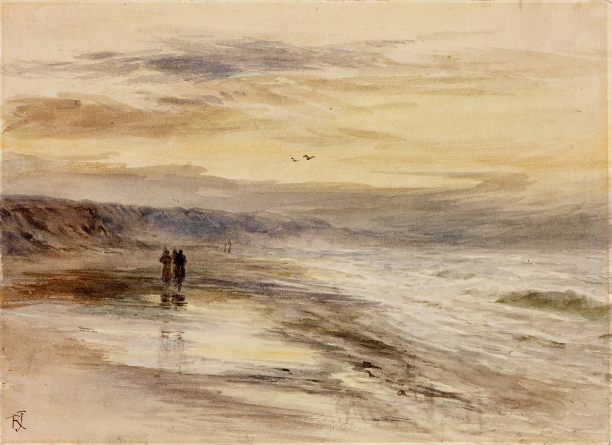 Figurer på Seashore at Dusk (akvarell på papir (limt på kort)) av Robert Jobling