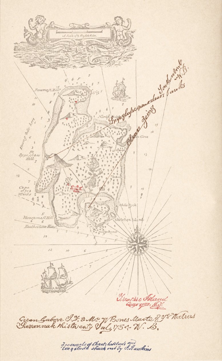 Kart over Treasure Island, fra Treasure Island av Robert Louis Stevenson, pub.1883 av Robert Louis Stevenson
