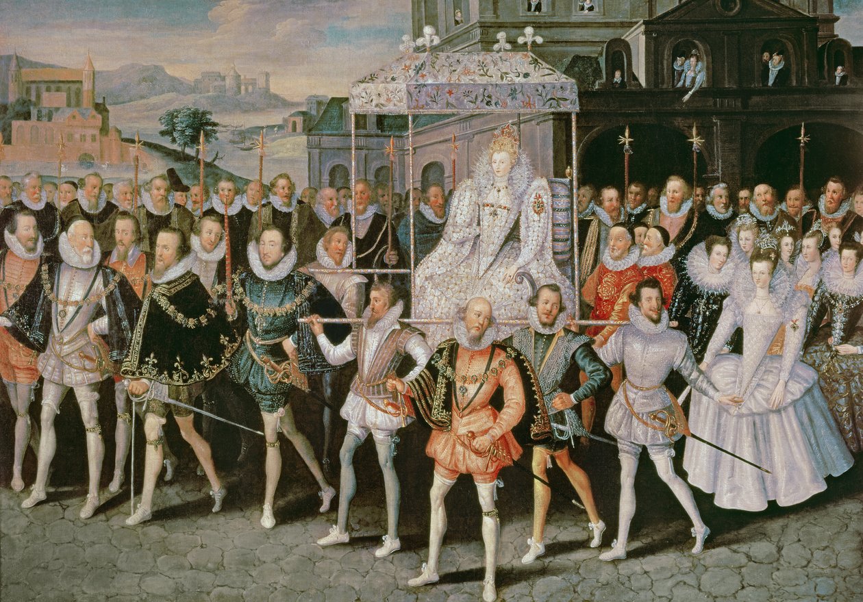 Dronning Elizabeth I (1533-1603) blir båret i prosesjon (Eliza Triumphans) ca. 1601 av Robert Peake