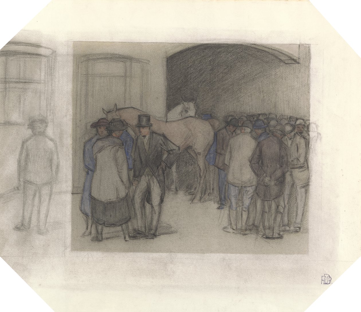 A Morning at Tattersalls (svart kritt og farget vask på papir) av Robert Polhill Bevan