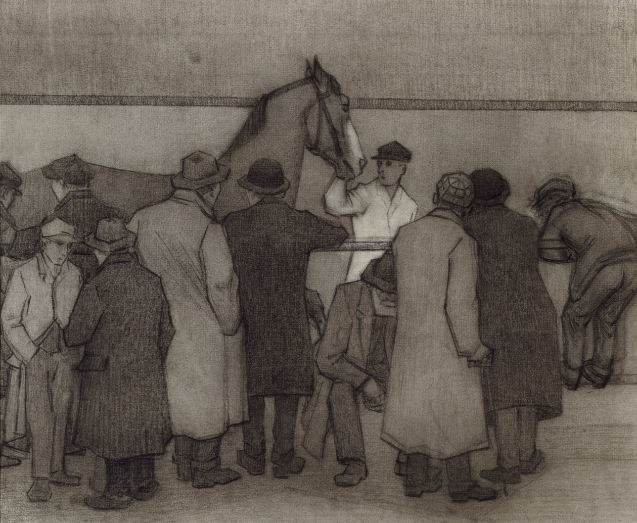 Salg på Wards Repository, No.2, ca. 1918 (fargestift og kull på papir) av Robert Polhill Bevan