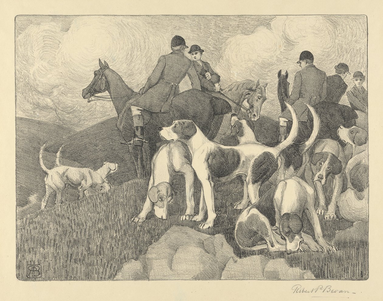 The Meet (fargestift og grå vask forhøyet med hvitt på papir) av Robert Polhill Bevan