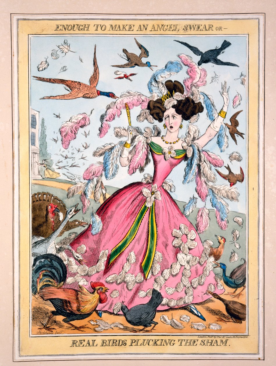 Nok til å få en engel til å sverge, eller Real Birds Plucking the Sham, ca. 1830-tallet (håndfarget gravering) av Robert Seymour