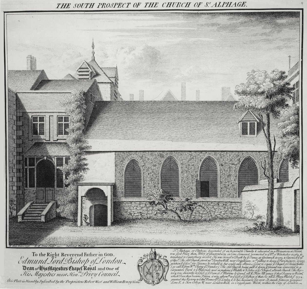The South Prospect of Church of St. Alphage, gravert av William Henry Toms (ca. 1700-50) 1736 av Robert West