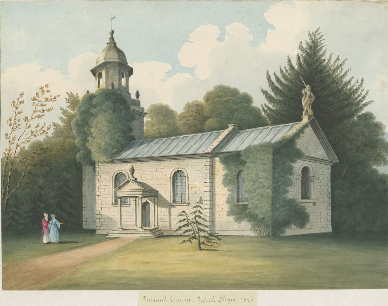 Patshull kirke: vannfargemaleri, 1826 av Robert Noyes