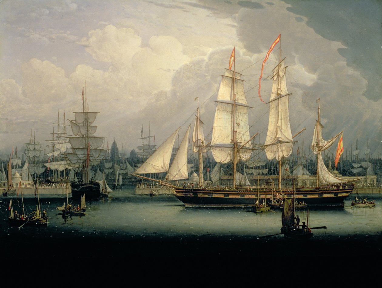 Fire-mastet klippeskip i Liverpool havn, ca. 1810 av Robert Salmon