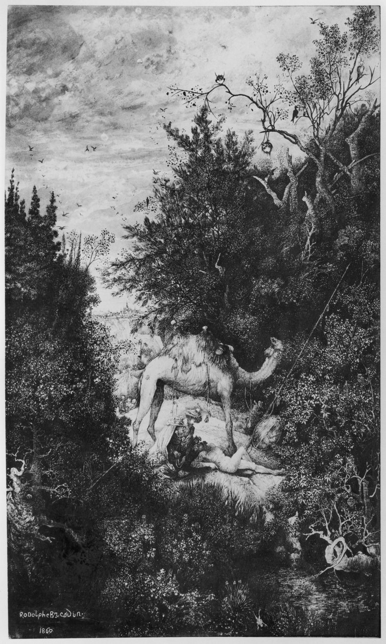 Den barmhjertige samaritan, 1860 (indisk blekk og vask og penn på Bristol-brett) av Rodolphe Bresdin