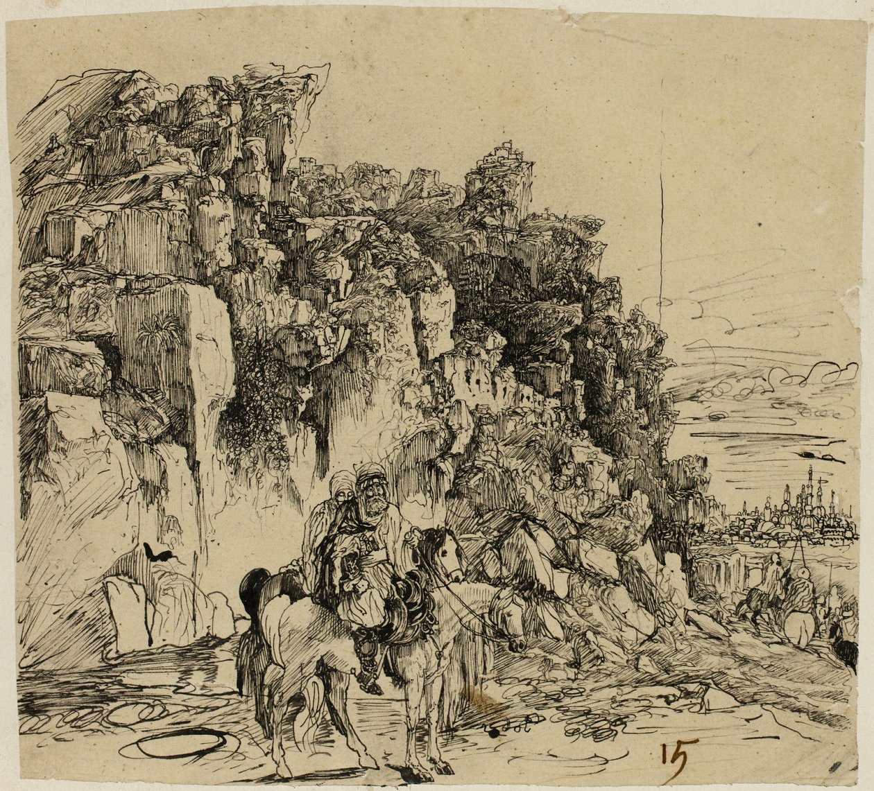 Fjelllandskap med ryttere av Rodolphe Bresdin