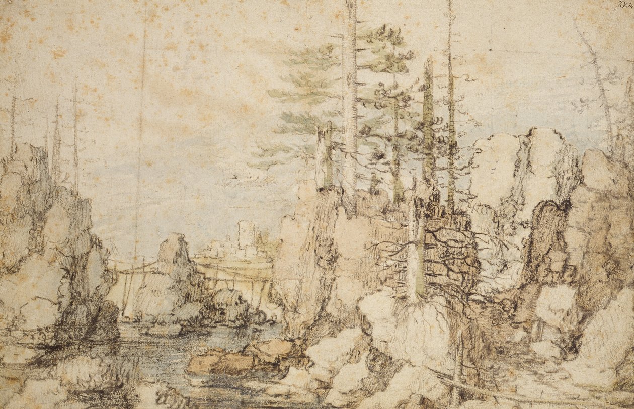 Skogkledd og steinete landskap, ca. 1606-07 (svart og farget kritt og wc på papir) av Roelandt Jacobsz. Savery