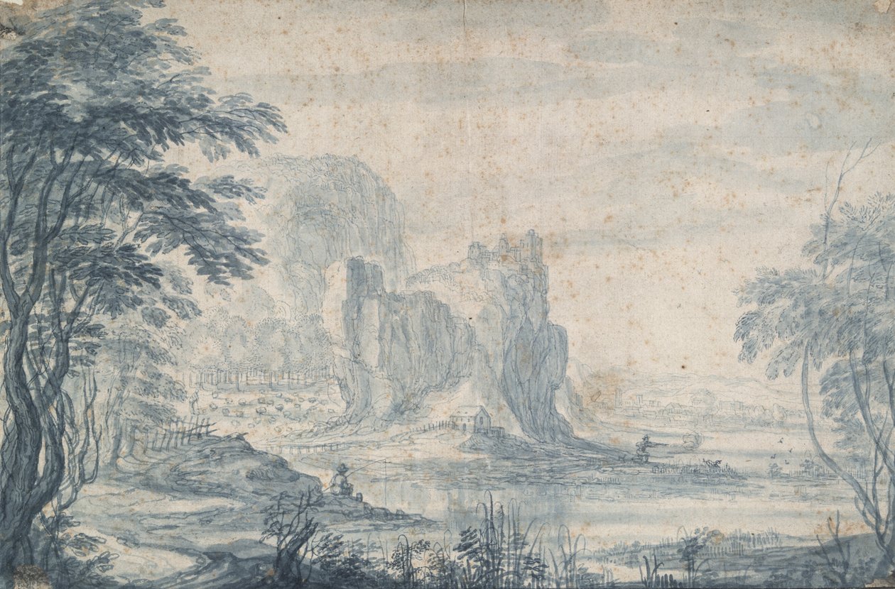 Landskap med Fisherman and Duck Hunter av Roelandt Savery
