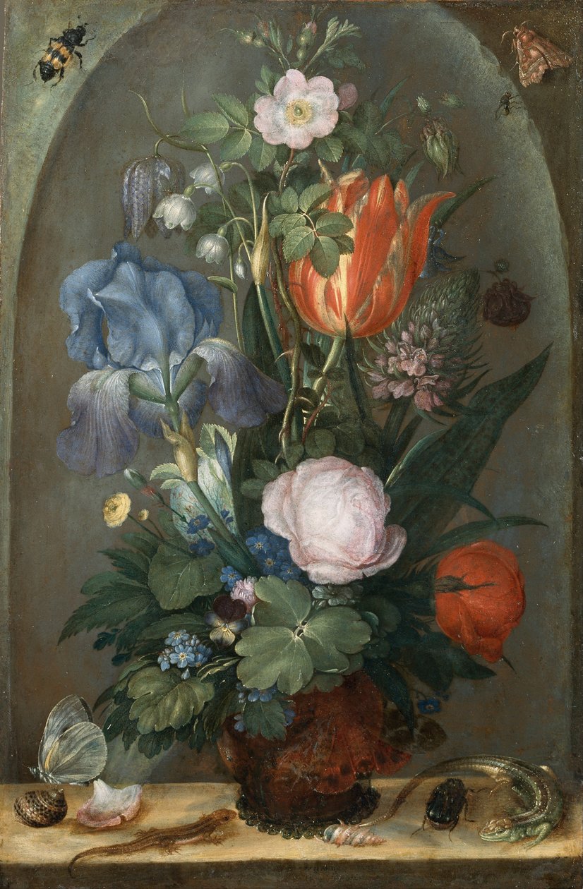 Blomsterstilleben med to øgler, 1603 av Roelant Savery