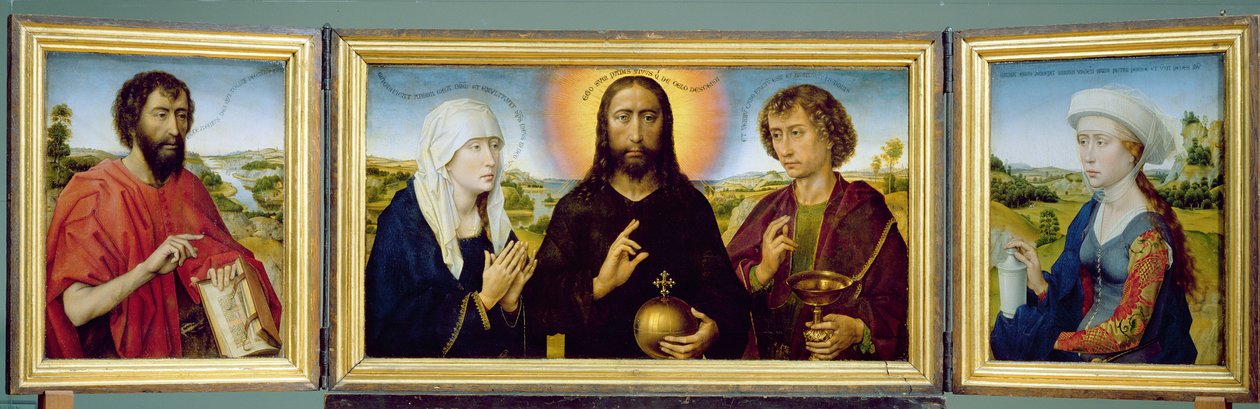 The Braque Family Triptych, St. Johannes Døperen, Kristus Forløseren mellom Jomfruen og St. Johannes Evangelisten, St. Maria Magdalena, ca. 1551 (olje på trepanel) (se også 15987, 205723, 223218) av Rogier van der Weyden
