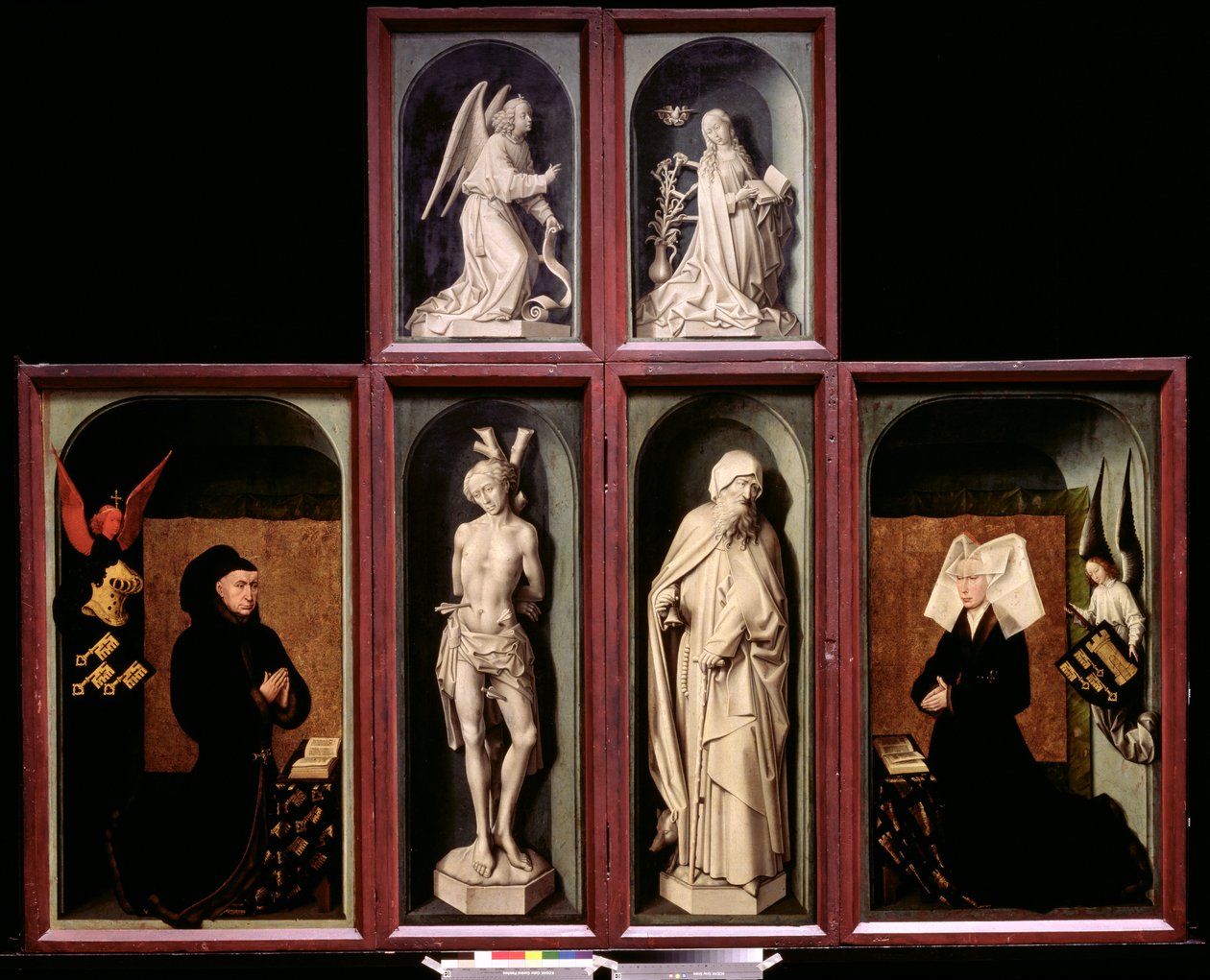 Den siste dommen når den er lukket, viser giverne kansler Nicholas Rolin og hans kone, Guigone de Salins, Bebudelsen, St. Sebastian og St. Anthony den store, ca. 1445-50 (se av Rogier van der Weyden