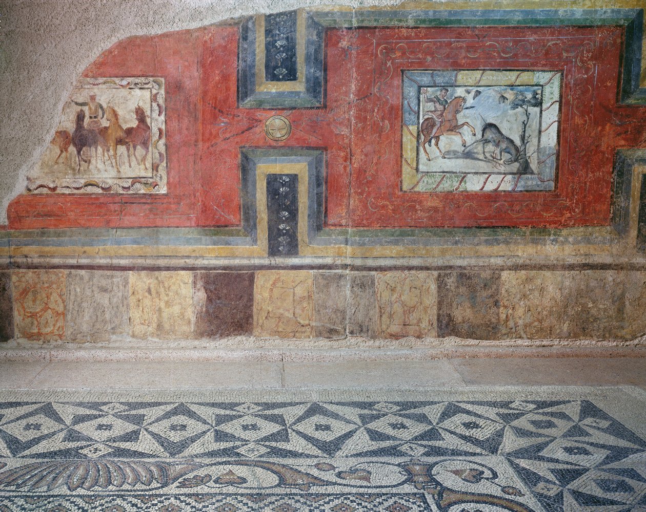 En gjenskaping av interiøret i et romersk hus, med mosaikkgulv og veggmalerier som viser sirkus- og jaktscener (fresco og mosaikk) av Roman