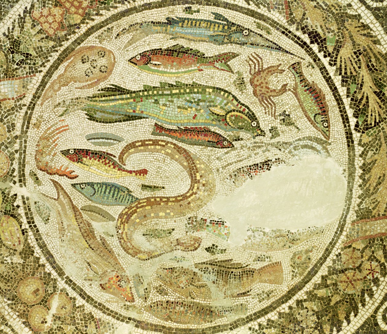 Detalj av fisk, The Four Seasons, fra Vega Baja mosaikk av Roman
