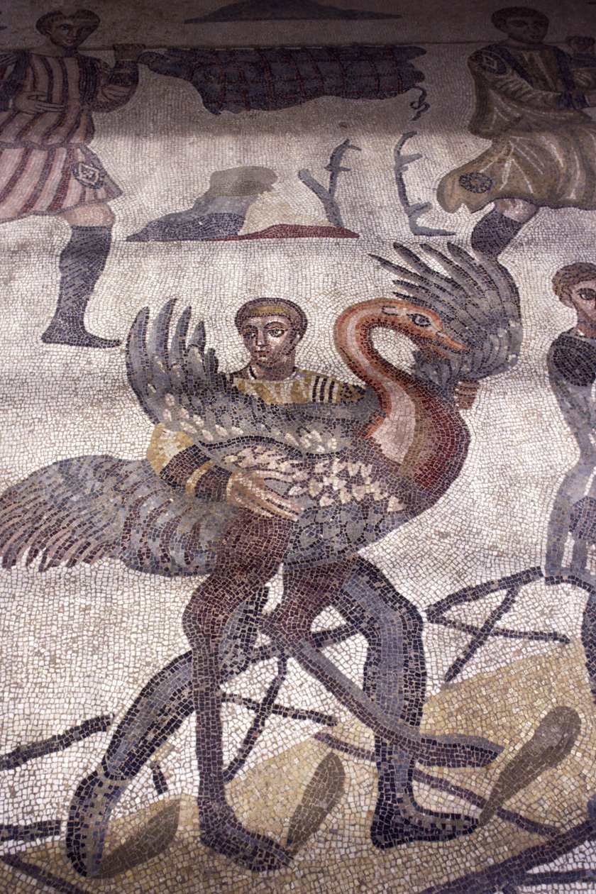 Mann som bærer en svane, detalj fra en jaktscene (mosaikk) av Roman