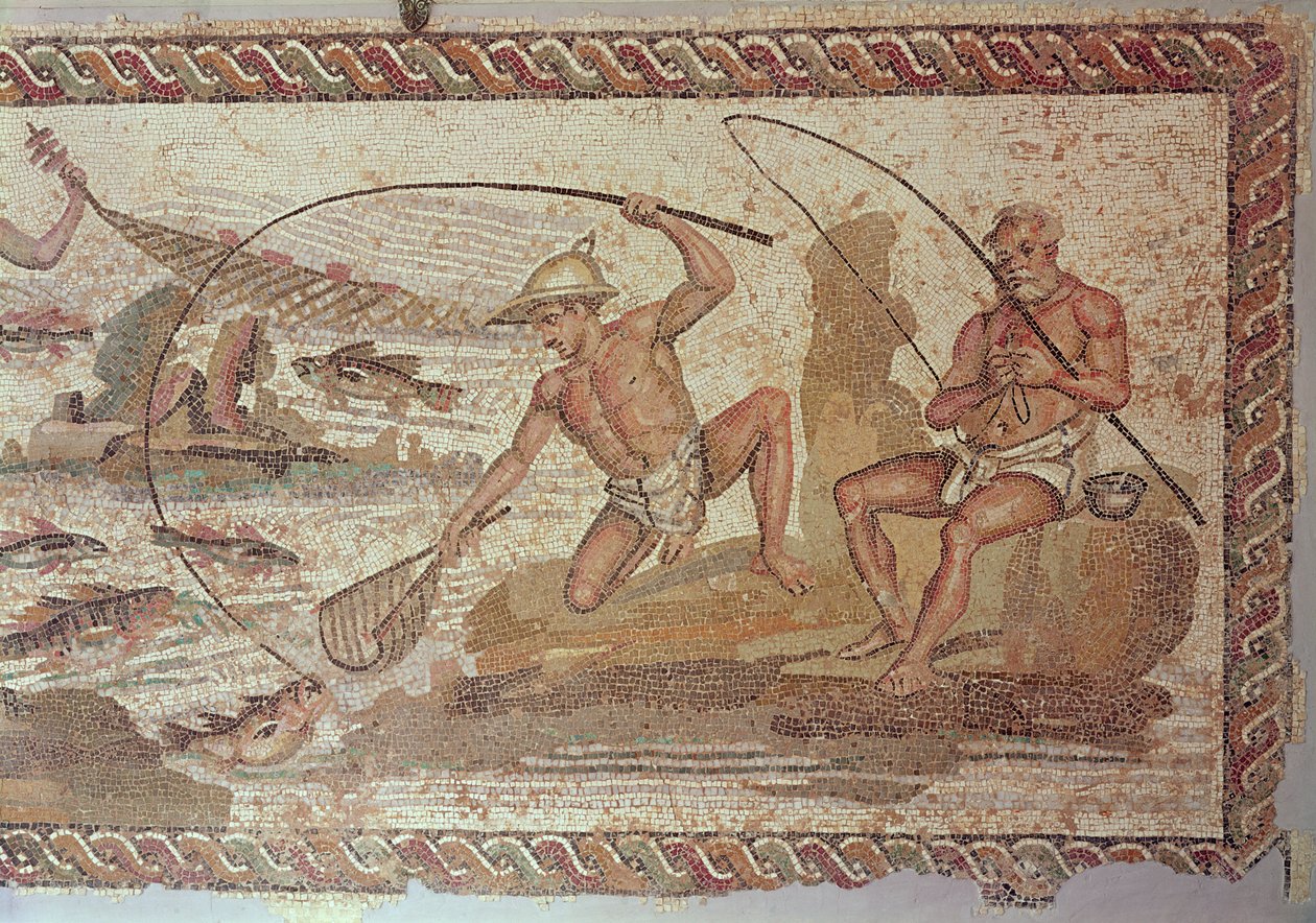 Menn som fisker på Nilen, fra Villa Nile, Leptis Magna (mosaikk) av Roman
