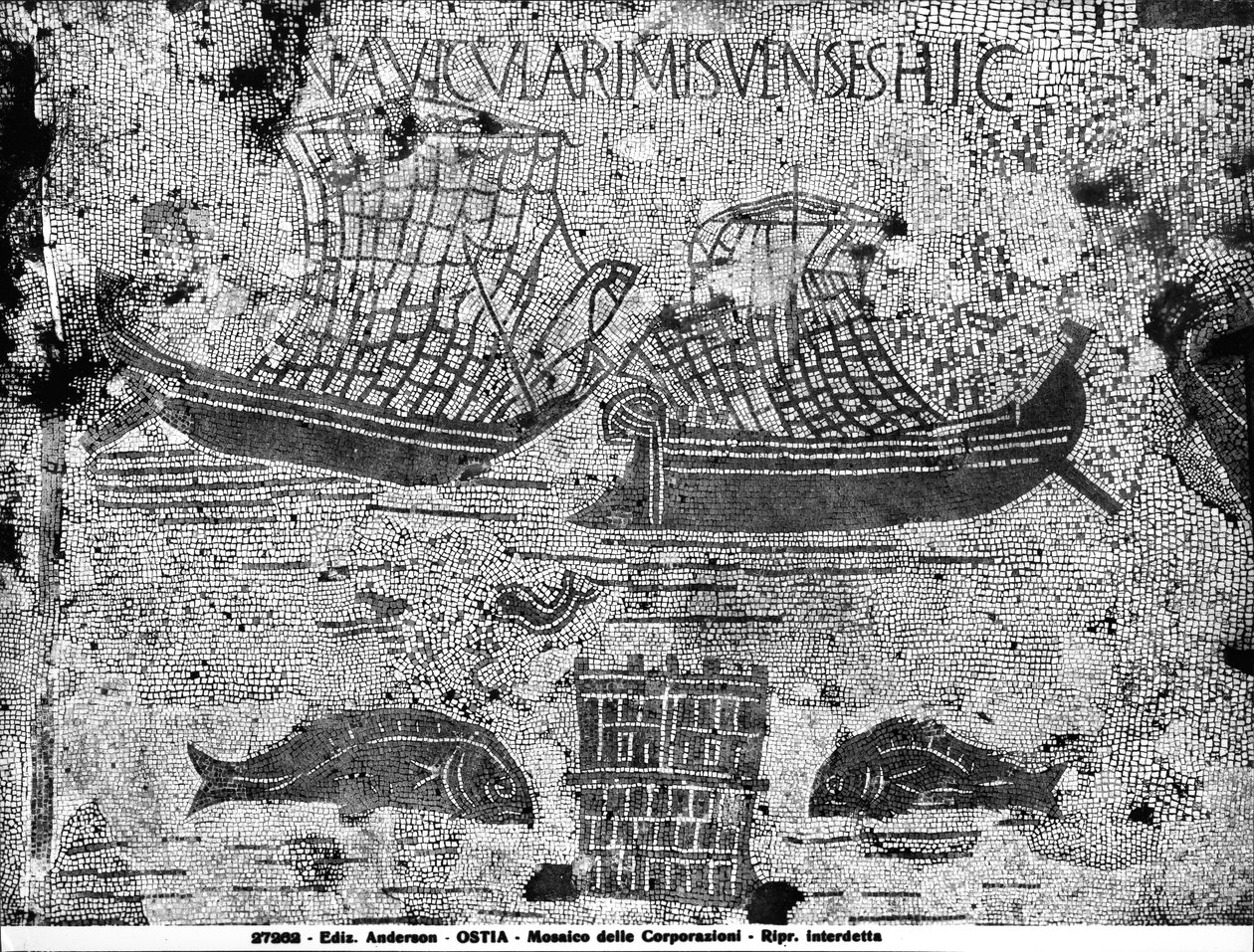 Pavement detail from the Piazzale dell Corporazioni depicting a nautical scene (mosaic)  av Roman