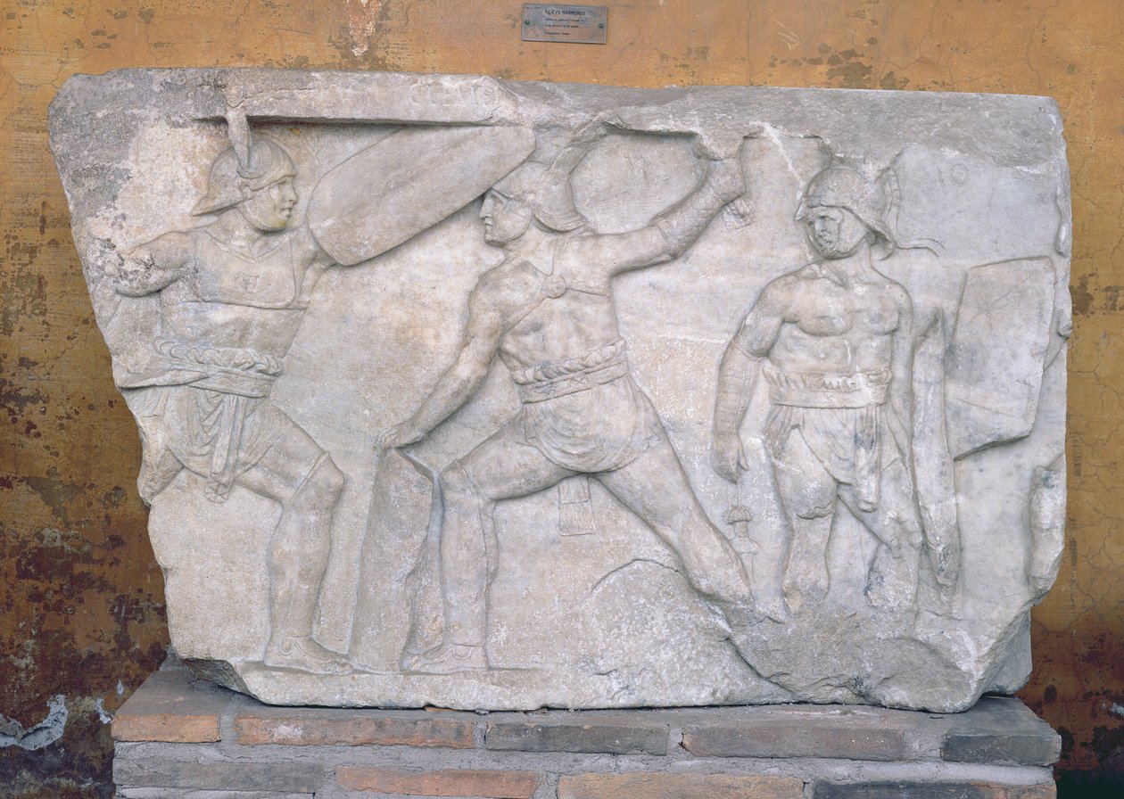 Relieff som viser gladiatorer i kamp (marmor) av Roman