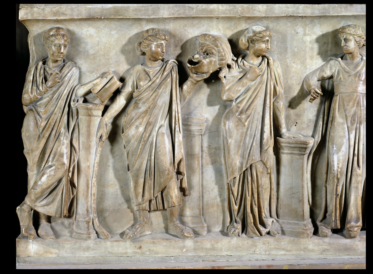Sarcophagus of the Muses, detalj av Clio, Thalia og Erato, ca. 160 marmor av Roman
