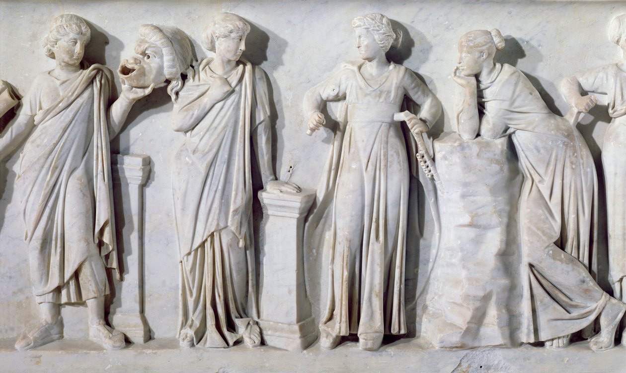 Sarcophagus of the Muses, detalj av Thalia, Erato, Euterpe og Polyhymnia, ca. 160 e.Kr. marmor av Roman