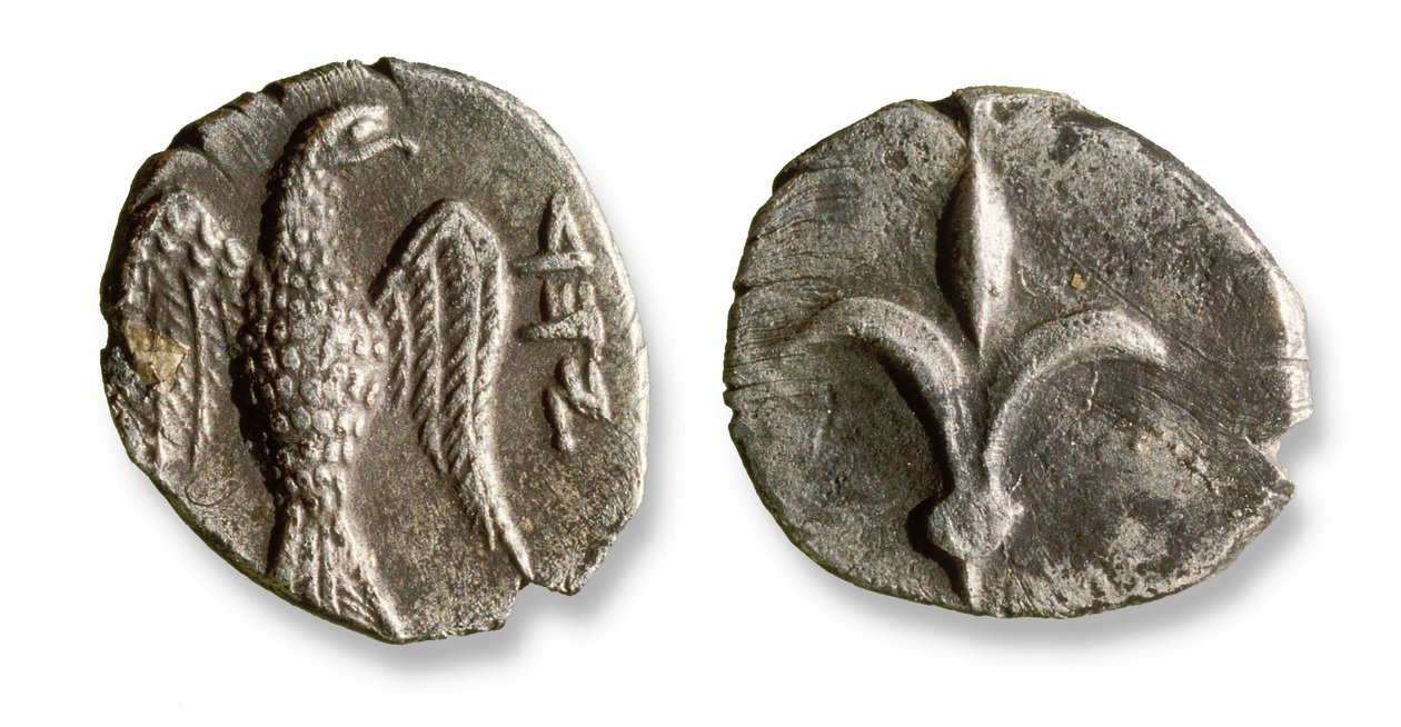 De første jødiske myntene brukt i Israel, ca. 333 f.Kr. (metall) av Roman