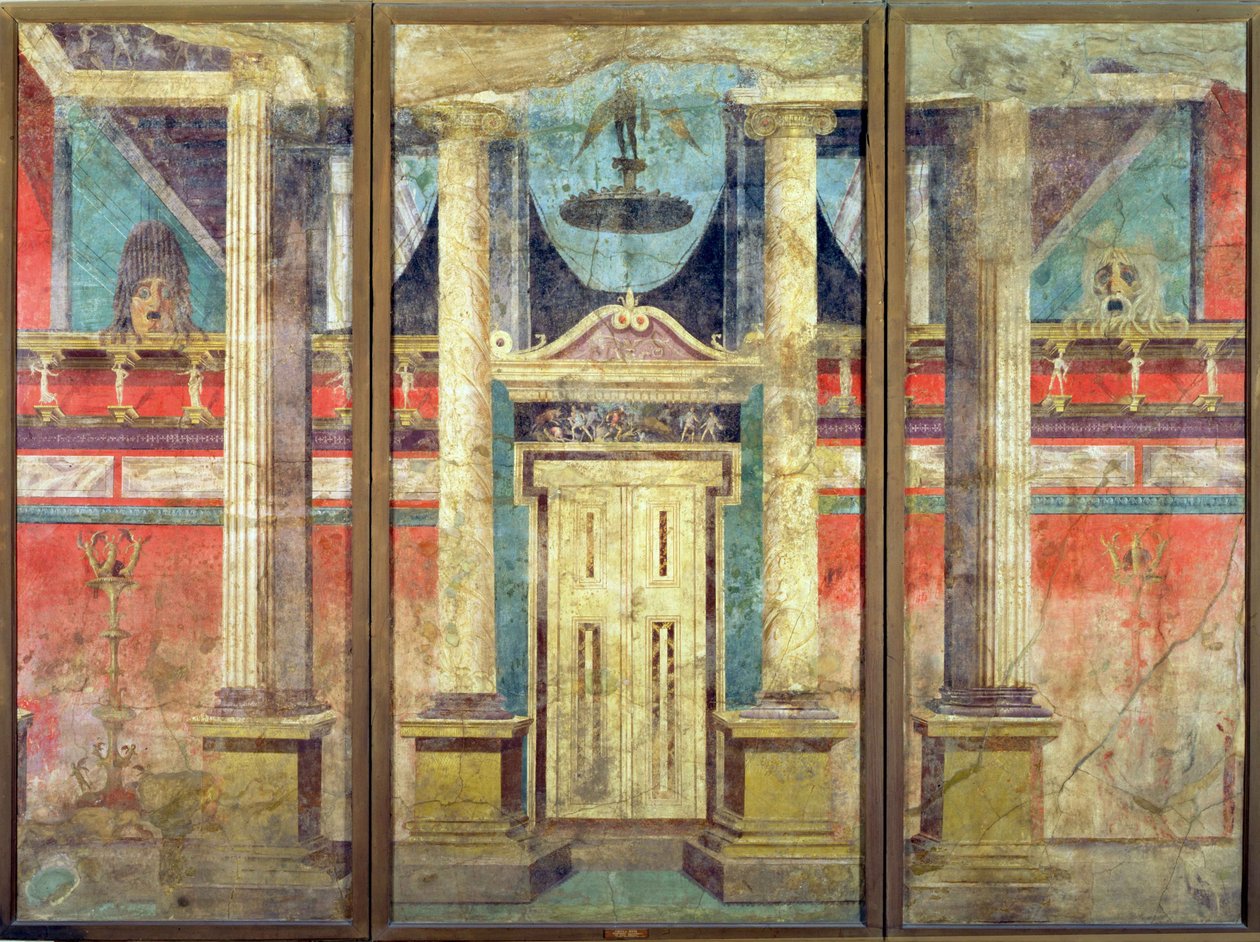 Veggdekorasjon fra villaen til P Fannius i Boscoreale, nær Pompeii, avledet fra et gresk scenesett fra kanskje århundret før, ca. 40-30 f.Kr. av Roman