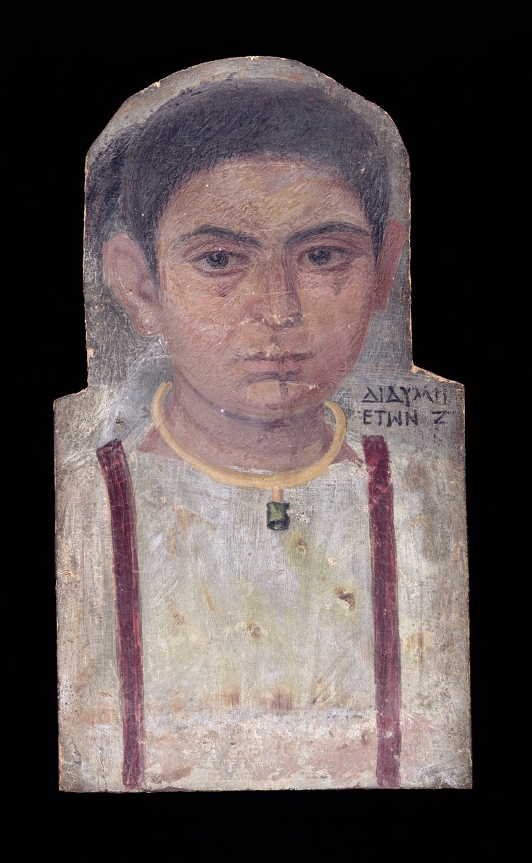 Mummiportrett av en ung jente, påskrevet 'Didyme, 7 Years Old', 180-200 AD (enkaustisk voks på panel) av Roman Period Egyptian