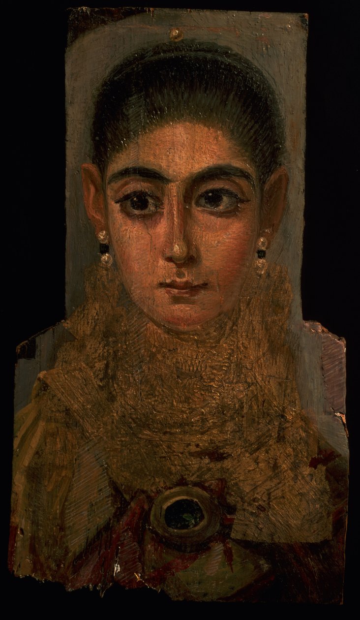 Portrett av en kvinne iført en gullbryst, gravdekorasjon, fra Fayum, 120-130 e.Kr. (enkaustisk voks og maling på tre) av Roman Period Egyptian
