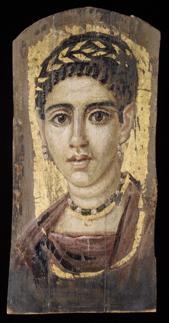 Portrett av en ung kvinne med en forgylt krans, 120-140 e.Kr. (enkaustisk, tre, bladgull) av Roman Period Egyptian